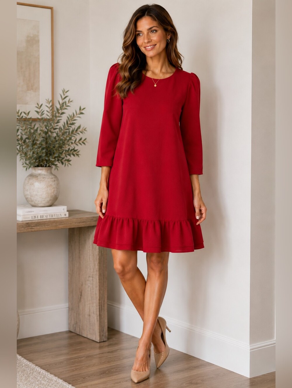 Tommy Hilfiger Crimson Midi Dress with Ruffle Hem